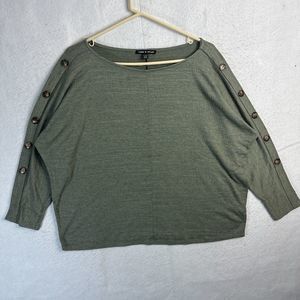 Cable & Gauge Women's Knit Sweater XL Green Scoop Neck Long Sleeve Button Accent